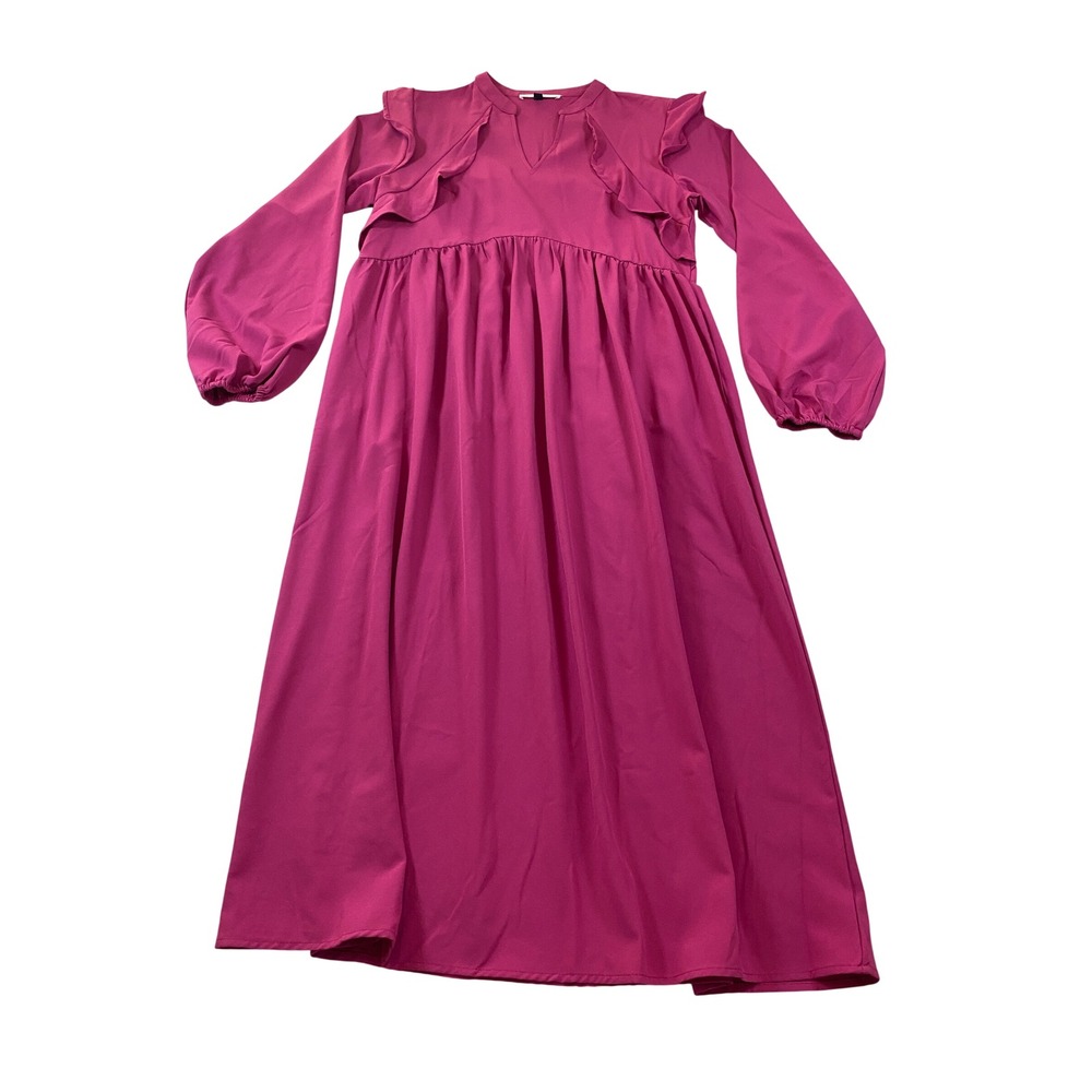Michelle McDowell Magenta Ruffle Long Sleeve Empire Waist Midi Dress Womens M